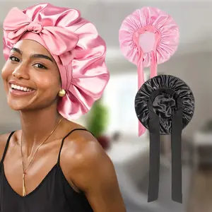 Unisex Adult Pink & Black Elastic Soft Sleeping Cap with Adjustable Tie Bands Large Hair Care Night Bonnet for Men Women Multi-Use Sleep & Casual Wear Comfortable Breathable Design for Overnight Daily Use Wrinkle-Free Hair Care Accessory