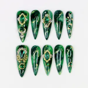 Emerald Green Marble Press On Nails with Gold Gems | Luxury Handmade Stiletto Fake Nails for Party Wedding Festival Photoshoot