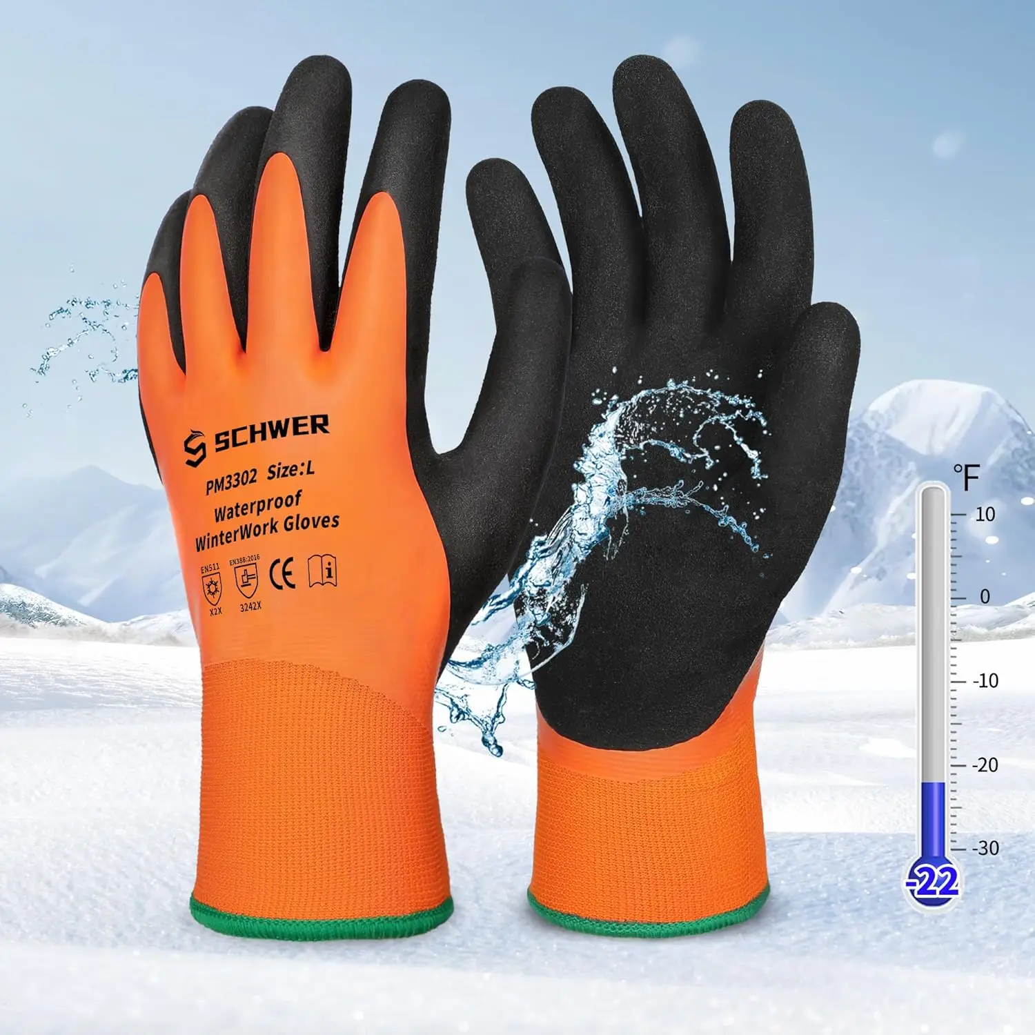 Schwer 2 Pairs FreezeGuard Winter Work Gloves, ANSI A2 Cut Resistant Freezer Gloves for Outdoor Cold Weather Keep Hands Warm, Waterproof Gloves for Sh