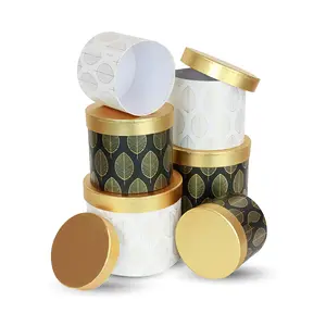 Set of 3, Round Flower/Gift Boxes with Golden Leaves Design, Various Colors | W511