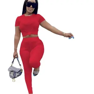 CM.YAYA New Summer Solid Short Sleeve Top Matching Full Length Pants with Pockets Two Piece Set  Women Pullover Sheath Outfit