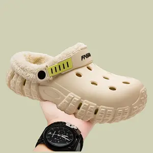 Cozy Fleece-Lined Winter Clogs for Men and Women - Beige & Black Design, Detachable Plush Inner Lining, Thick Sole Anti-Slip Sandals for Indoor/Outdoor Use, Warm EVA Material for Cold Weather