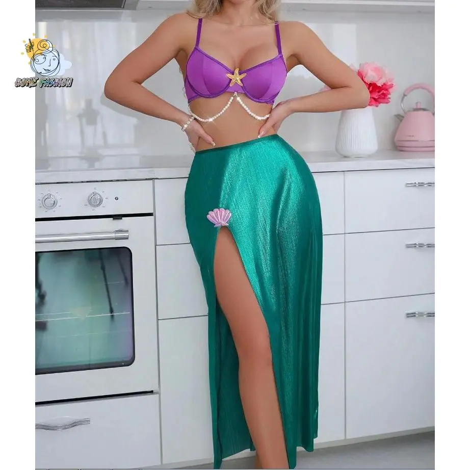 Women's Polyester-Elastane 3-Piece Lingerie Costume - Sleeveless Seaside Motif Pearl Starfish V-Neck Spaghetti Strap Bra Top, Shimmer Finish High-Cut Split Skirt, G-String Thong - Purple-M Multi-Size Party Outfit for Festive Supplies