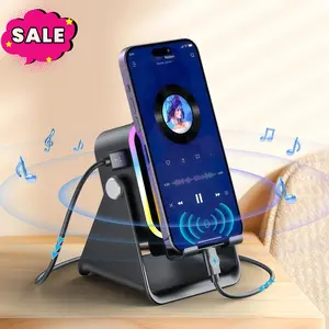 [Summer Wins] 5-in-1 Wireless Induction Bluetooth Audio Speaker Stand - 5000 mAh Rechargeable Emergency Power Bank, 360° Adjustable Phone/Tablet Holder with Colorful Ambient Lighting (Black)