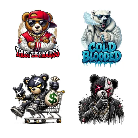 4pcs Stretch-Fit DTF Heat Transfer Stickers - Hip Hop Street Bear Design, Urban Streetwear Trap Vibes, Bold Edgy Trendy Washable Iron-On Craft Supplies, DIY Material for T-Shirts, Bags - Customized Craft Essentials