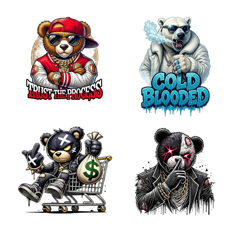 4pcs Stretch-Fit DTF Heat Transfer Stickers - Hip Hop Street Bear Design, Urban Streetwear Trap Vibes, Bold Edgy Trendy Washable Iron-On Craft Supplies, DIY Material for T-Shirts, Bags - Customized Craft Essentials