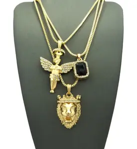 KING LION, BABY ANGEL & BLACK GEMSTONE GOLD PLATED PENDANT & 20" 24" BOX CHAINS 3 HIP HOP STYLE NECKLACE SET