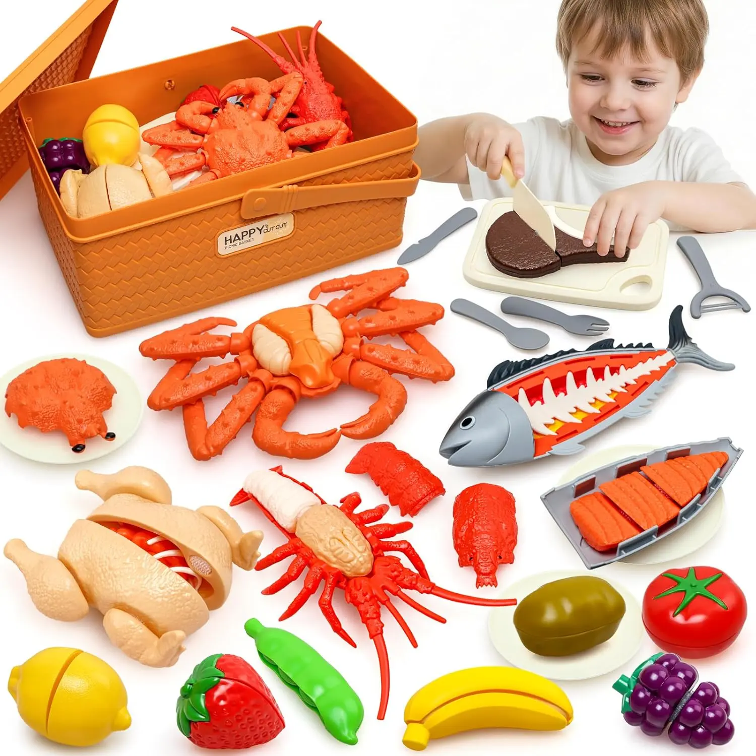 2026 22-piece kids' seafood cutting toy set, perfect for kids to play kitchen, with toy food and pretend fruits, kitchen play set for boys and girls, a gift suitable for both boys and girls