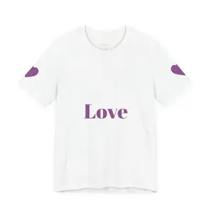Purple 'Love' Script Tee | White T-Shirt with Heart Sleeve Accents