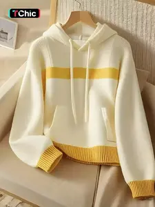 Trendy Retro Lazy Style Fitted Casual Knit Sweater, High-End Patchwork Hoodie Jacket, Unique Design Pullover with Pockets, Soft Comfortable Long Sleeve Knitted Top Womenswear