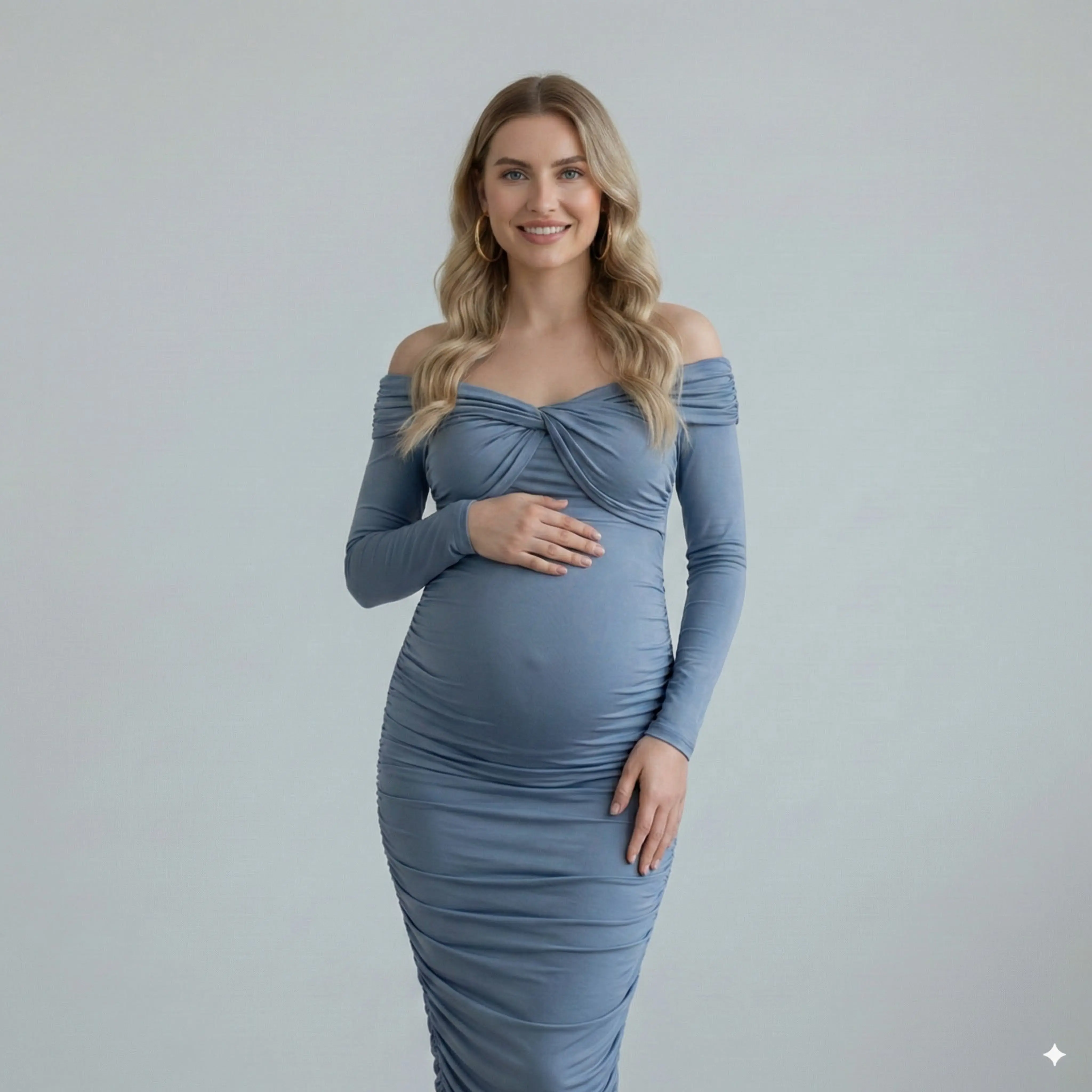 Maternity Dress, Blue Pleated Off-Shoulder Cross Front Tie Neck Slim  Elegant Mid-Length Maternity Outfits for Wedding Guests & Photoshoots -  TikTok Shop