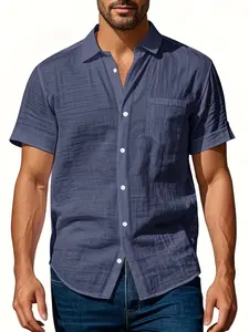 Men's Lightweight Linen Plain Casual Shirt, Breathable Short Sleeve Button-Up Top, Ideal for Daily Wear, Comfortable and Stylish