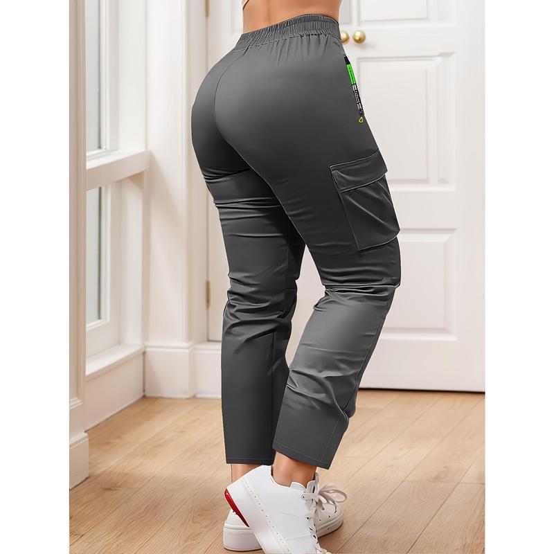 Women's Heavy-Duty Cargo Pants with Multi-Zipper Pockets & Neon Green Accents – Full-Length Trousers for Outdoor, Travel & Casual Wear in Spring/Fall Seasons – Belt-Style Waist Drawstring and Non-Slip Leg Construction