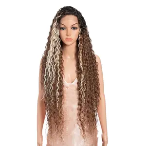 36"Super Long Curly Wig C-Shaped Side Part Lace Wig Afro  Hair Synthetic Highlight Blonde Wigs