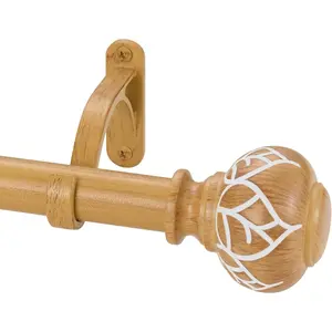 Wood Rods for Windows 28 to 150 Inch, 1 Inch Drapery Rod, Decorative Single Window Rods with Round Imitation Wood Grain Finial, Aluminum Alloy Bracket, 1 Pack