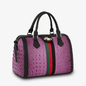 Designer Inspired Purple Croc-Embossed Satchel with Stripe Woman Luxe, Bags, Gifts For Women