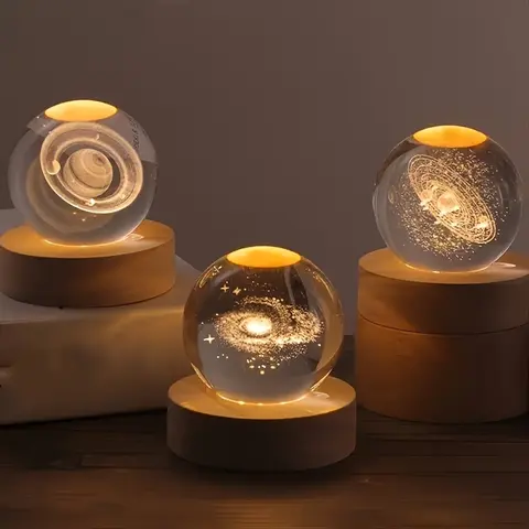 3D Luminous Crystal Ball LED Night Light - Saturn Solar System & Moon Table Lamp, USB-Powered Illuminating LED Mood Lighting, Indoor Room Decor Accessory for Kid's Gift, Lamps