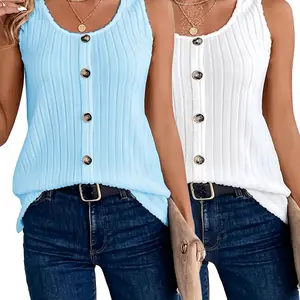 Women's solid-color button-down ribbed tank top; a casual, sleeveless crewneck top suitable for everyday wear and perfect for all seasons