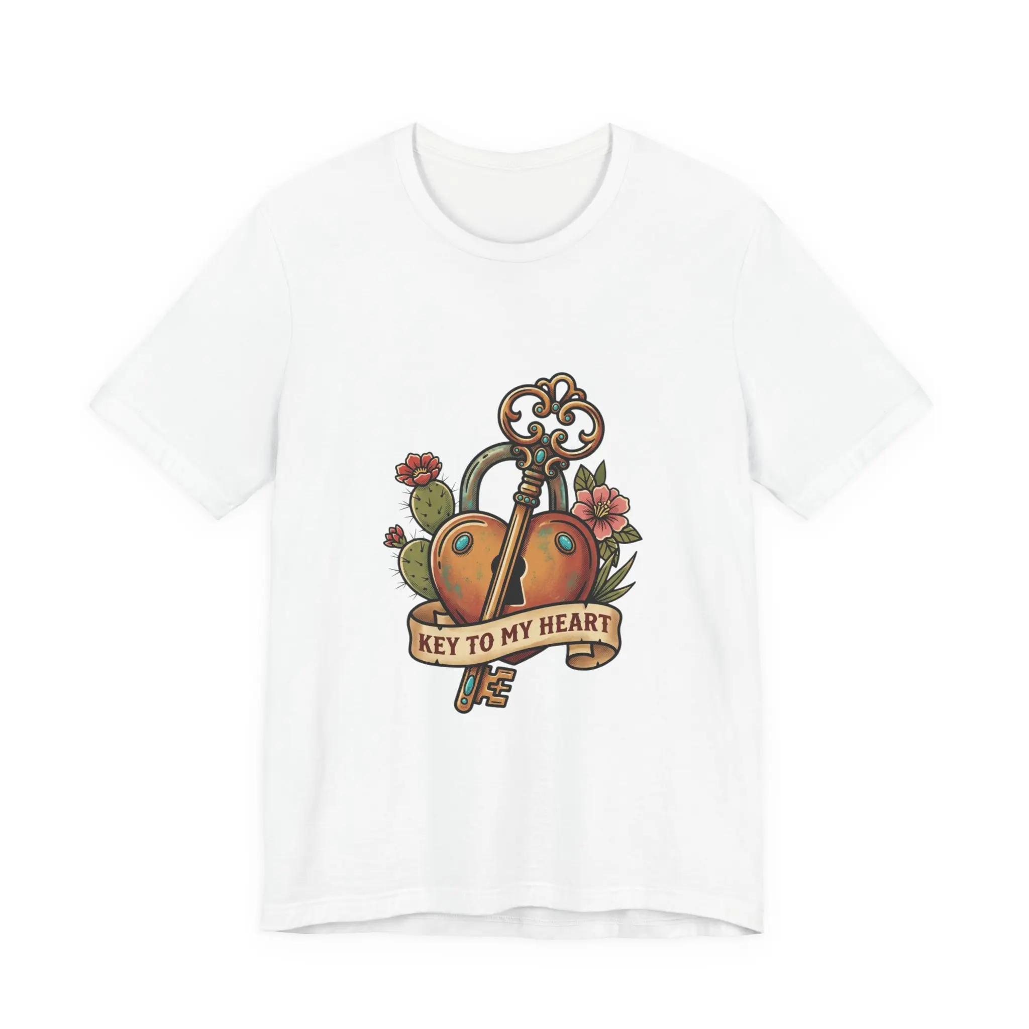 Key to My Heart T-Shirt | Traditional Tattoo Heart & Key, Banner Floral Flash