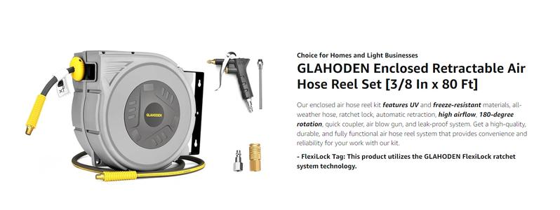 GLAHODEN Upgraded Retractable Air Hose Reel,MAX 3/8IN x 100FT Hybrid Air Hose Max 300PSl, AirCompressor Hose Reel Auto-Rewind with 6.6 FTLead in, Ceiling/Wall Mount Enclosed Pp Reel &Built-in 180° Swivel Bracket，TikTokShopBlackFriday