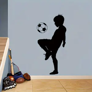 Silhouette Boy Playing Football PVC Wall Sticker, Perfect for Kids Room Bedroom Living Room Hallway Decor, Ideal for Soccer Lovers