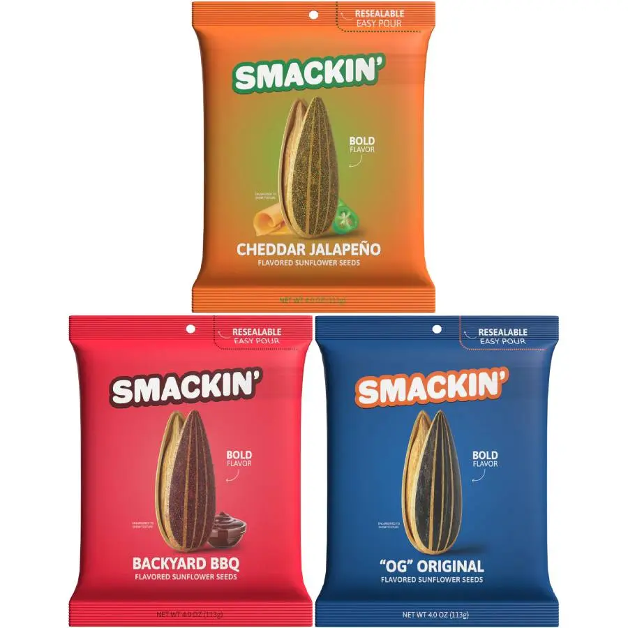 SMACKIN’ Sunflower Seeds 3-Flavor Variety Pack - 4oz Bags (Cheddar Jalapeño, OG Original, Backyard BBQ) Snack for On-the-Go Munching
