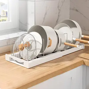 Expandable Pot and Pan Organizer Rack for Kitchen Cabinet or Under Sink, Adjustable Lid Holder with 7-9 Dividers, Space-Saving Storage for Renters, Small Homes, and Busy Cooks, White