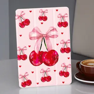 Bow, Cherry & Little Heart Pattern Tri-Fold Flip Shockproof iPad Case with Adjustable Stand & Pencil Holder, Compatible with iPad 10th/11th Gen, 10.2" / 11" Pro 2020/2021, iPad A16, 10.2" iPad Air, iPad 2025 Series & Galaxy Tab S9 FE+ 12.4",unisex