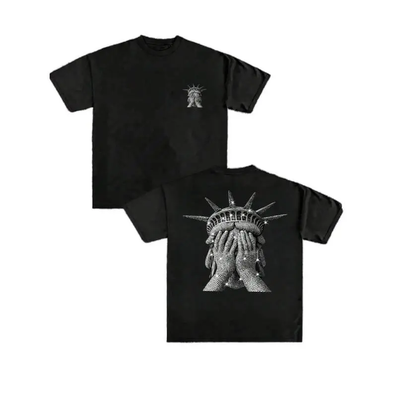 Double Sided Digital Printed  Cotton T Shirt)Y2K Men's Rhinestone Crying Liberty Head Oversized Loose Fit Streetwear Casual Graphic Tee Rebellious Aesthetic Statement Fashion