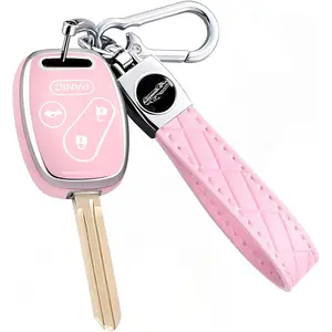 Key Fob Cover for Honda with Leather Keychain, Premium TPU Key Case Compatible with Honda 2003-2015 Accord Fit Civic EX CR-V Pilot Ridgeline Element Remote
