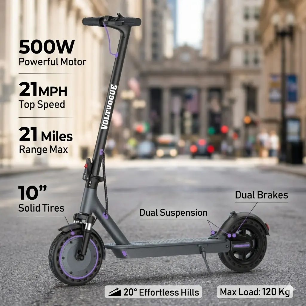 500W Powerful Electric Scooter,21 MPH Speed,21 Miles Range,Dual Suspension,Double Brake,10" Smart Electric Scooter,Daily Commute