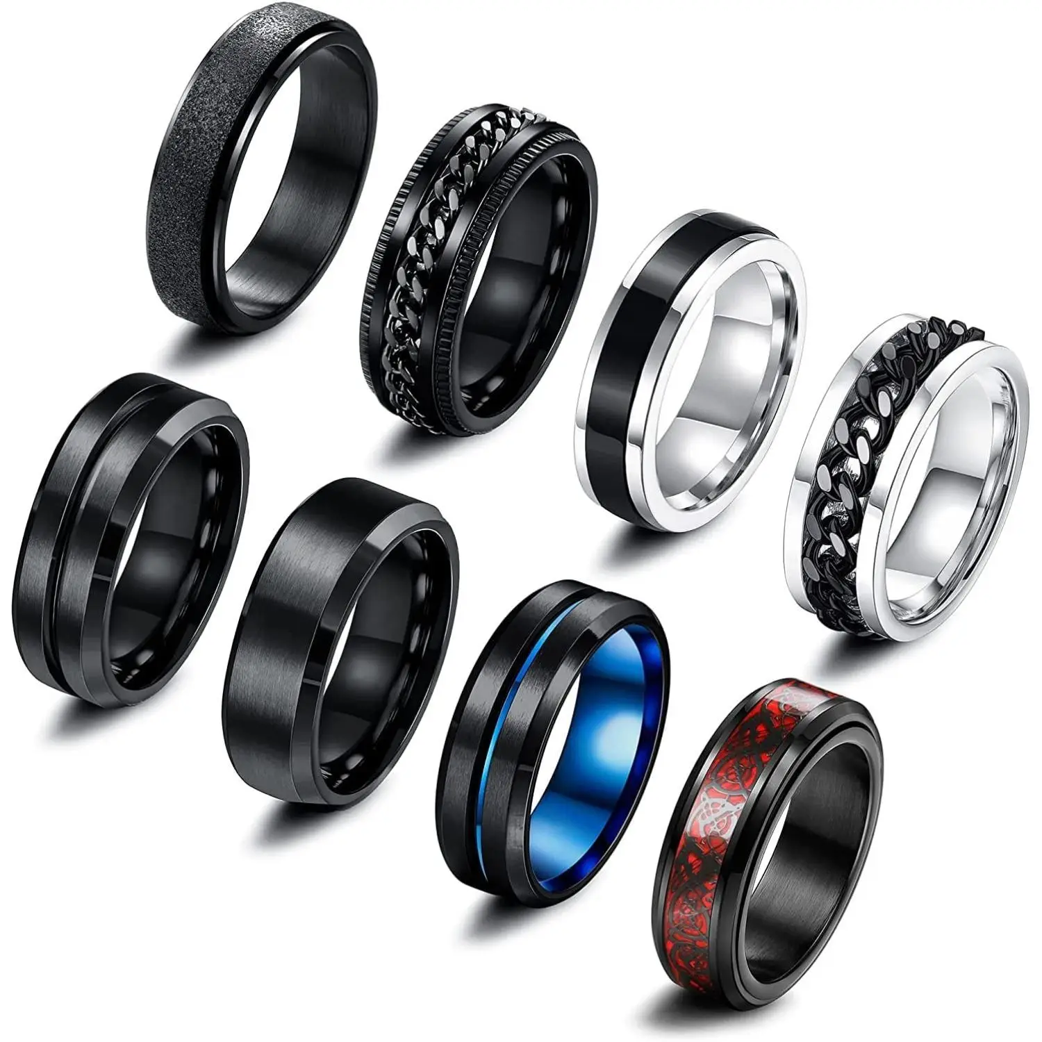 FLORIDECO 8Pcs Stainless Steel Twisted Chain Rings Spinner Rings for Fidget Rings for Women Wedding Promise Black Band Rings Cool Black Rings for Men