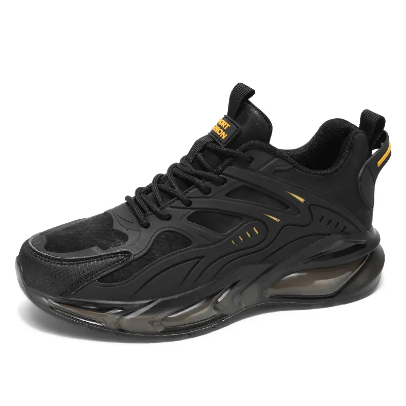 Tech-Style Air-Cushion Sneakers – Men's Black Futuristic Trainers, Exoskeleton Support Athletic Shoes with Smoke-Tinted Sole for Gym & Streetwear
