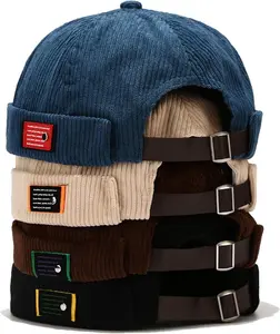 Mens Womens Corduroy Brimless Skullcap Sailor Cap Rolled Cuff Retro Beanie Hat