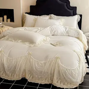 3-Piece French Romantic Lace Decorative Bedding Set, Cream Color Princess Style, Includes Duvet Cover & Pillowcases, Soft Atmosphere Bedroom Decor, Soft Bedding Sets, Bed Sets Supplies