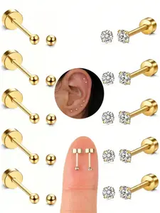 10 Pairs Stainless Steel Cz Cubic Zirconia Ball Stud Earrings Set, Hypoallergenic Low Allergen Silver Color Comfortable Threaded Cartilage Piercing Jewelry Ear Studs