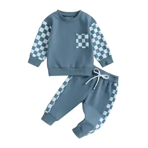 Toddler Baby Boy Fall Outfit Checkerboard Patchwork Long Sleeve Sweatshirts Elastic Waist Pants Cute Newborn Clothes Set