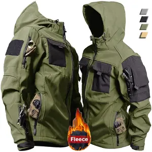 Men's Tactical Softshelll Jacket for Outdoor Activities, Winter Fleeced Sharkskin Hooded Windbreaker with Zipper Pocket, Waterproof Tops