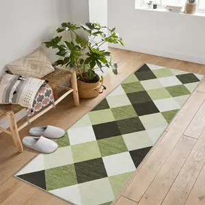 GARVEE Machine Washable Plaid Checkered Design Non-Slip Rubberback Runner Rug Modern Abstract Geometric Print Carpet Traditional Area Rug for Hallway,Kitchen,Bedroom,Living Room,2x6,Green and White