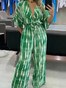 Women's Summer Elegant Deep V Neck Tie Striped Pattern Romper, Stylish One-Piece for Warm Weather, Perfect for Casual Wear