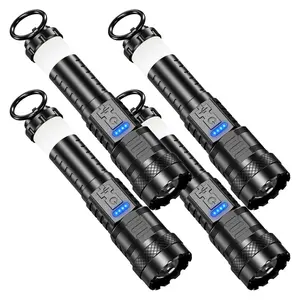 【Valentine's Day gift】 4 PCS Strong Flashlight Set for Family, Rechargeable, Waterproof, Camping Gadgets, Emergency Red&Blue Alarm Lights Household Essentials for Kids, Family Camping Essentials, House Warming Gifts New Home, for Garden, Garage