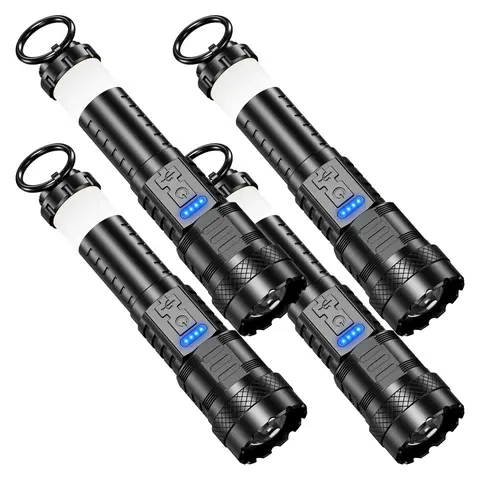4 PCS Strong Rechargeable LED Torch Set - Outdoor, 2500lm Chip, Fast-Charging USB Cable, Waterproof, Zoom In/Out 1650ft Range, Emergency Red&Blue Alarm Lights, Compact, Blackouts Power Outages, Camping Hiking Gifts