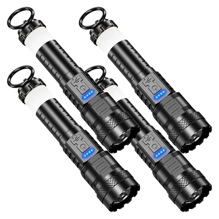 4 PCS Strong Rechargeable LED Torch Set - Outdoor, 2500lm Chip, Fast-Charging USB Cable, Waterproof, Zoom In/Out 1650ft Range, Emergency Red&Blue Alarm Lights, Compact, Blackouts Power Outages, Camping Hiking Gifts