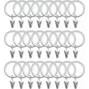 24 Pack Curtain Rings with Smooth, Quiet Nylon Inserts with Clips, Window Clip Rings Curtain Hooks Hangers, 1.26 in Interior Diameter, Fits up to 1" Rod (Nickel)