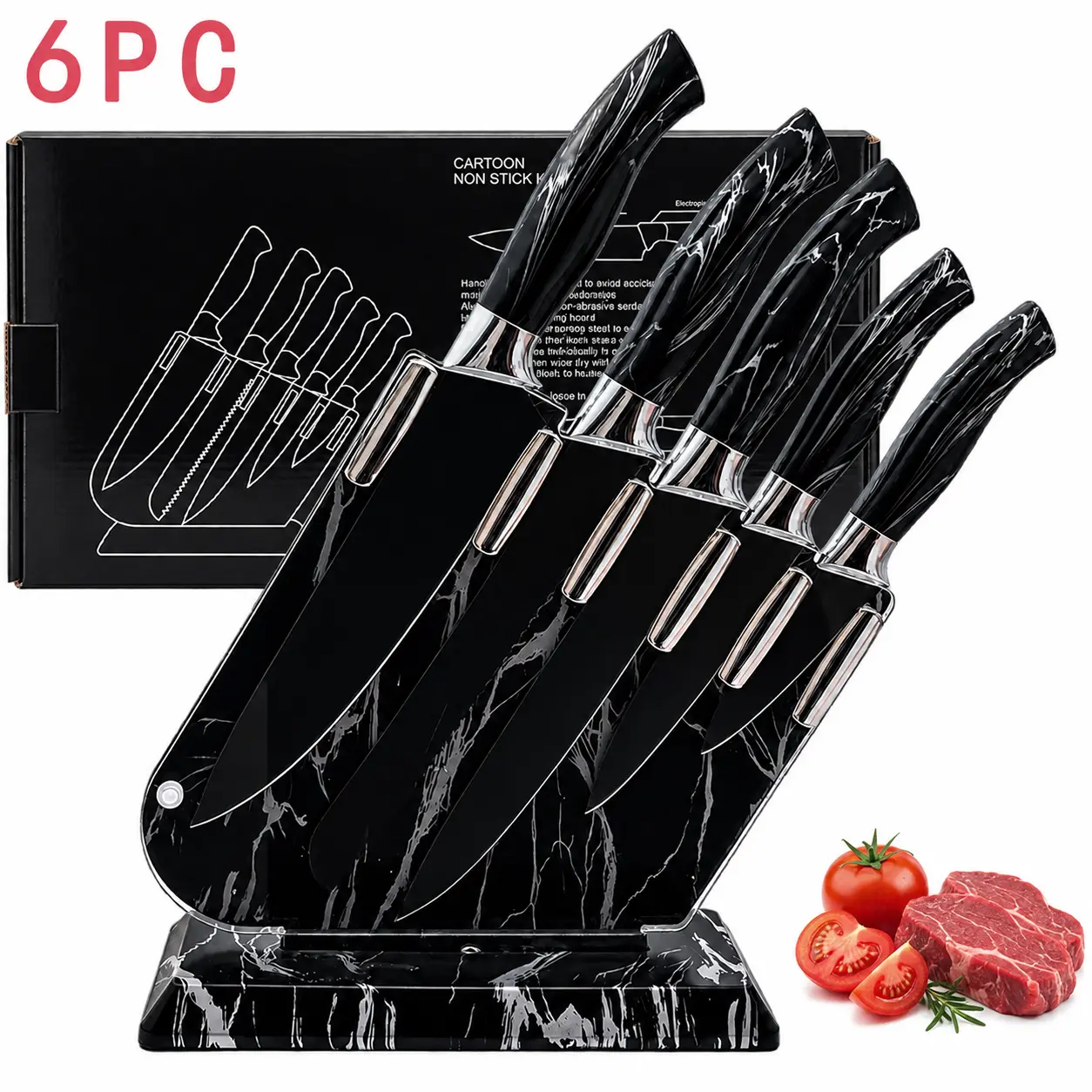 6‑Piece Kitchen Knife Set with Acrylic Knife Block, Non-Stick Black Coated Blades, Marble Pattern ABS Ergonomic Handles, Household Cooking Knives for Meat Vegetable Fruit Prep