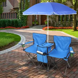 [Camping party, fishing friends must enter] Double fishing chair with sunshade detachable sun umbrella iron frame Oxford cloth foldable storage portable outdoor picnic lounge blue Folding Cooler table