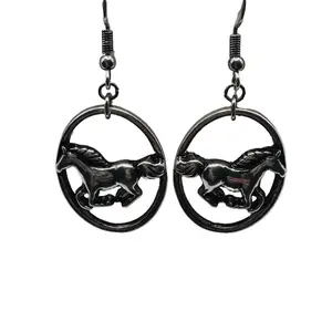 Wild Run Horse Oval Dangle Earrings  -  Anti Silver