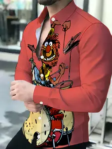 Men's Summer Long Sleeve Shirt Fashion Casual The Muppets Animal Drummer Graphic Print Button Shirt