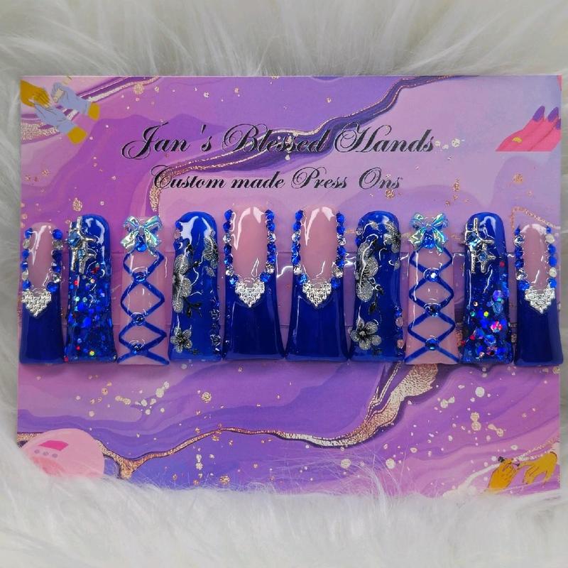 Jan's Custom Made Press On Nails - XL Pink and Blue Valentines Day Duckie Press On set