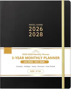 2026-2028 Monthly Planner - 3 Year Monthly Planner 2026-2028, Jan.2026 - Dec.2028, 8" x 10", Tabs +  Pocket + Hardcover- Black
